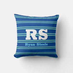 Bold Monogram & Name, Lt. Teal Lines on Deep Blue Throw Pillow