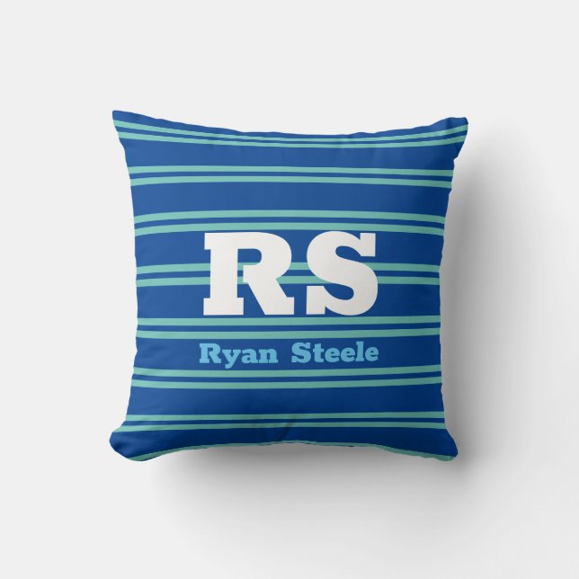 Bold Monogram & Name, Lt. Teal Lines on Deep Blue Throw Pillow (Front)