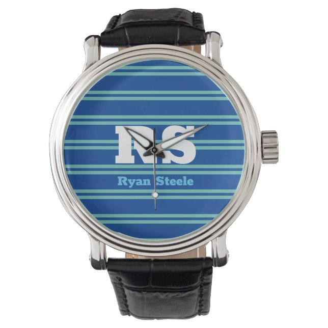 Bold Monogram & Name, Lt. Teal Lines on Deep Blue Watch (Front)
