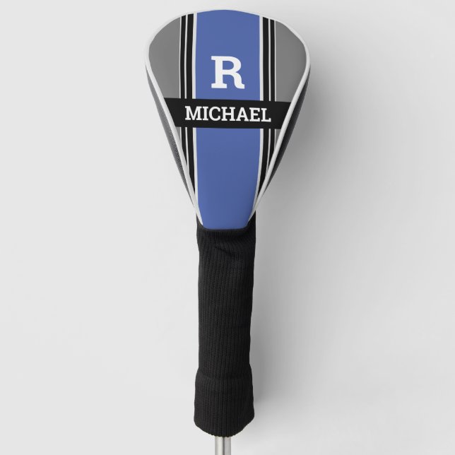 Bold Monogram & Name, Med. Blue Grey Black Stripes Golf Head Cover (Front)