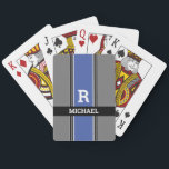 Bold Monogram & Name Med Blue Grey & Black Stripes Playing Cards<br><div class="desc">Personalize white Monogram and light grey name in bold text on medium blue,  grey and black stripes.</div>