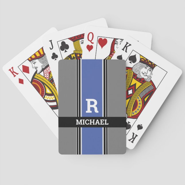Bold Monogram & Name Med Blue Grey & Black Stripes Playing Cards (Back)