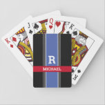 Bold Monogram & Name, Med Blue Red & Black Stripes Playing Cards<br><div class="desc">Personalize white monogram and light grey name in bold text on medium blue,  red and black stripes.</div>