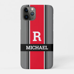 Bold Monogram & Name, Red Grey & Black Stripes iPhone 11 Pro Case