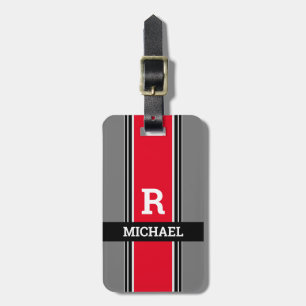 Bold Monogram & Name, Red Grey Black Stripes, Info Luggage Tag