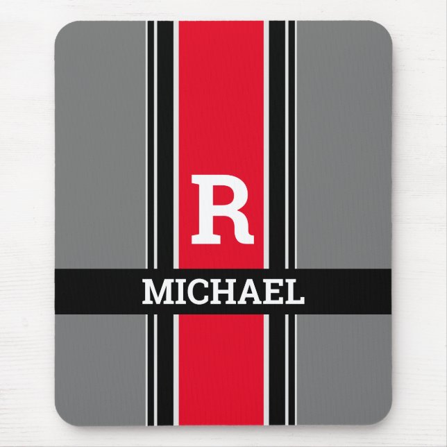 Bold Monogram & Name, Red Grey & Black Stripes Mouse Pad (Front)