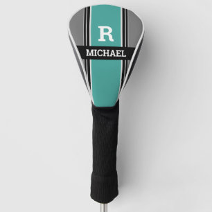 Bold Monogram & Name, Teal Grey Black Stripes Golf Head Cover