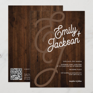 Bold monogram names rustic wood qr code wedding invitation
