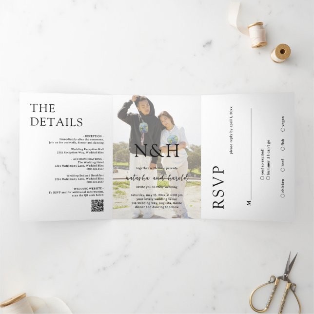 Bold Monogram Photo QR Code Modern Wedding Tri-Fold Invitation (Inside)