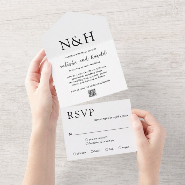Bold Monogram QR Code Black and White Wedding All In One Invitation (Tearaway)