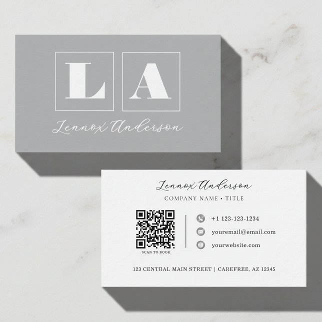 Bold Monogram QR Code Grey Business Card (Creator Uploaded)