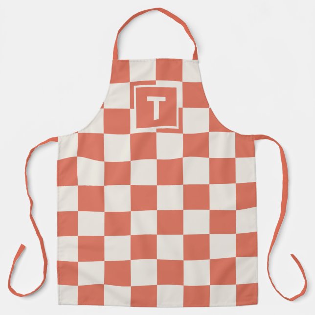 Bold Monogram Terracotta Cream Chequered Pattern Apron (Front)