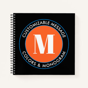 Bold Monogram & Text Black White Orange & Blue Notebook