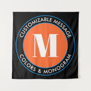 Bold Monogram & Text   Black White Orange & Blue Tapestry