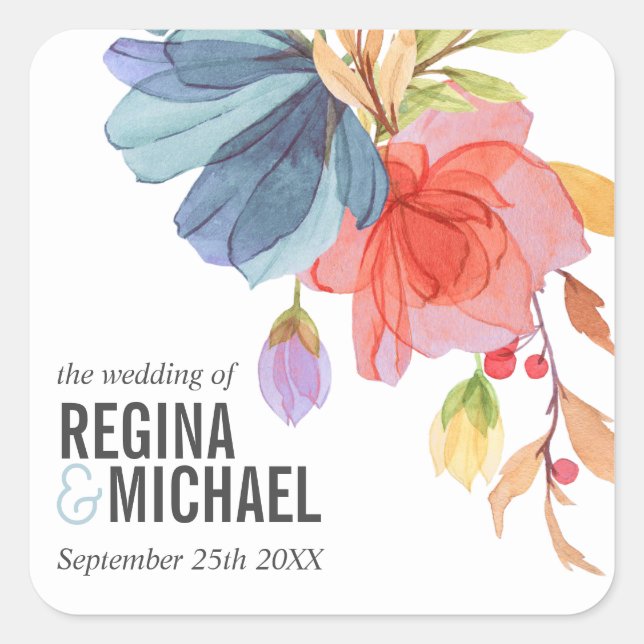Bold Monogram Watercolor Wildflower Aqua Wedding Square Sticker (Front)