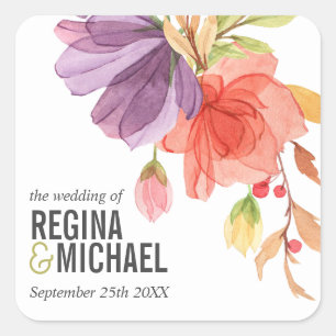 Bold Monogram Watercolor Wildflower Green Wedding Square Sticker