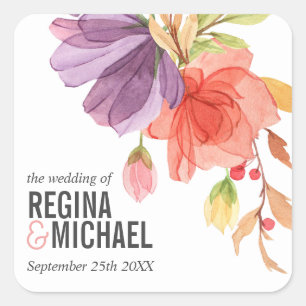 Bold Monogram Watercolor Wildflower Pink Wedding Square Sticker