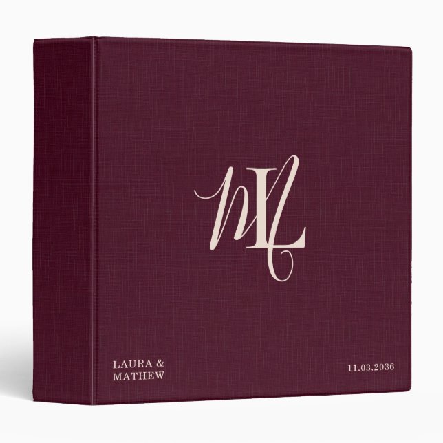 Bold Monogram Wedding Album Wine Red Linen Binder (Front/Spine)