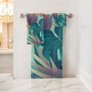 Bold Monstera Pattern Tropical Leaf Summer Spring Bath Towel Set