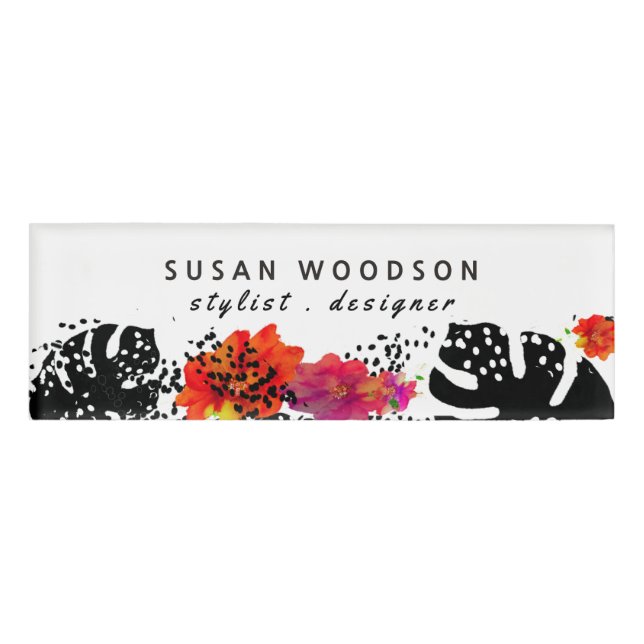 Bold Monsteral Modern Watercolor Floral Name Tag (Front)