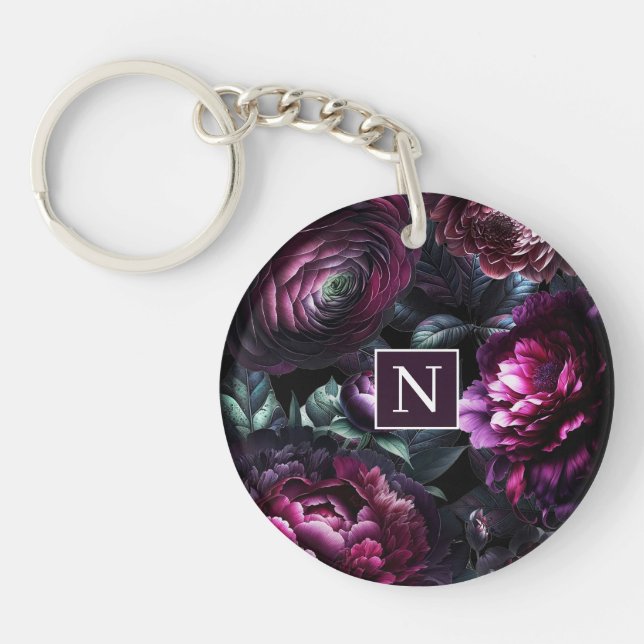 Bold Moody Flowers Black Enchanted Floral Garden Keychain (Front)