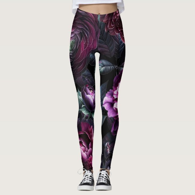 Bold Moody Flowers Black Enchanted Floral Garden Leggings (Front)