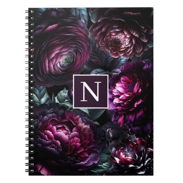 Bold Moody Flowers Black Enchanted Floral Garden Notebook (Front)