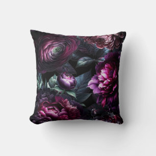 Bold Moody Flowers Black Enchanted Floral Garden Throw Pillow