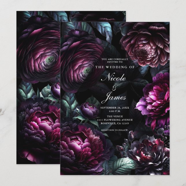 Bold Moody Flowers Black Enchanted Floral Wedding Invitation (Front/Back)