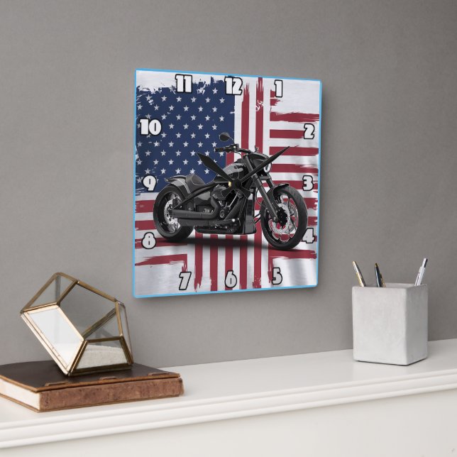 Bold motorcycle against the American flag backdrop Square Wall Clock (Office)