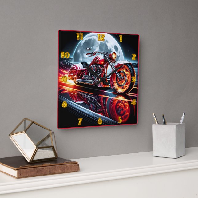 Bold motorcycle racing under a full moon square wall clock (Office)