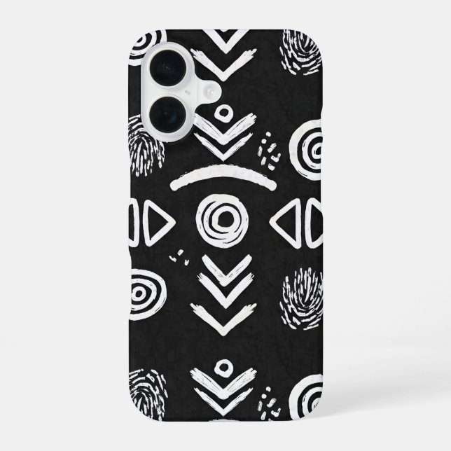 Bold Mud Cloth – Black & White Pattern iPhone 16 Case (Back)