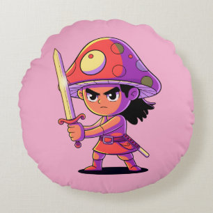Bold Mushroom Fighter Cartoon Character Design Round Pillow