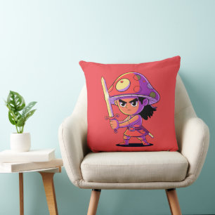 Bold Mushroom Fighter Cartoon Character Design Throw Pillow