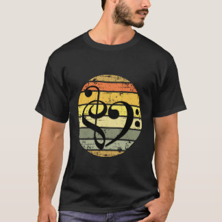 Bold Musical Heart Over Retro Sunset Rainbow Bands T-Shirt