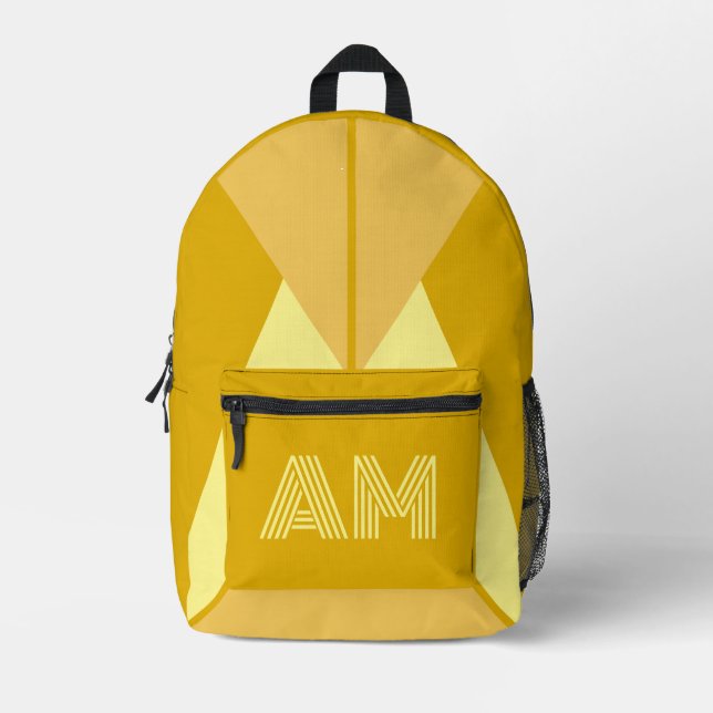 Bold Mustard and Charcoal Geometric Monogram  Printed Backpack (Front)