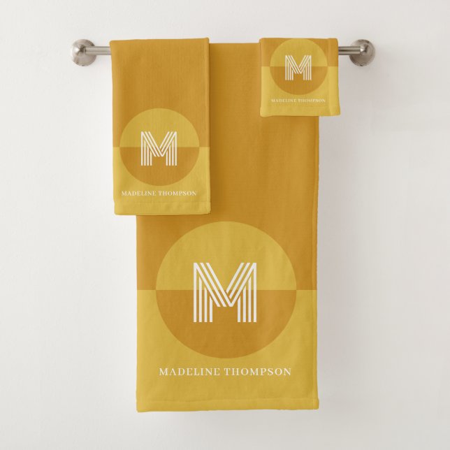 Bold Mustard Yellow Geometric Modern Monogram Bath Towel Set (Insitu)