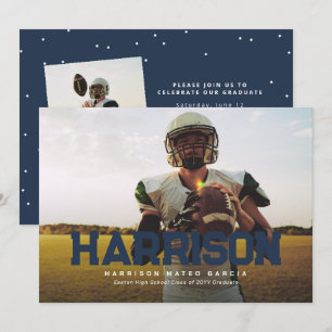 Bold name graduate athlete photo navy blue grad invitation