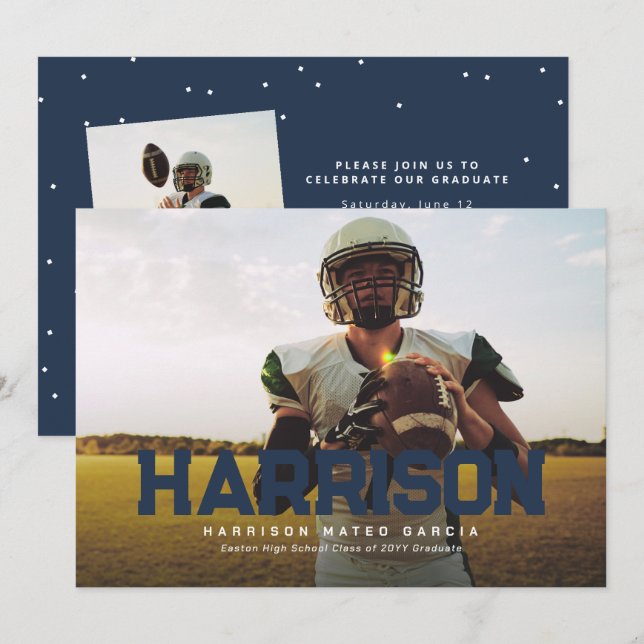 Bold name graduate athlete photo navy blue grad invitation (Front/Back)