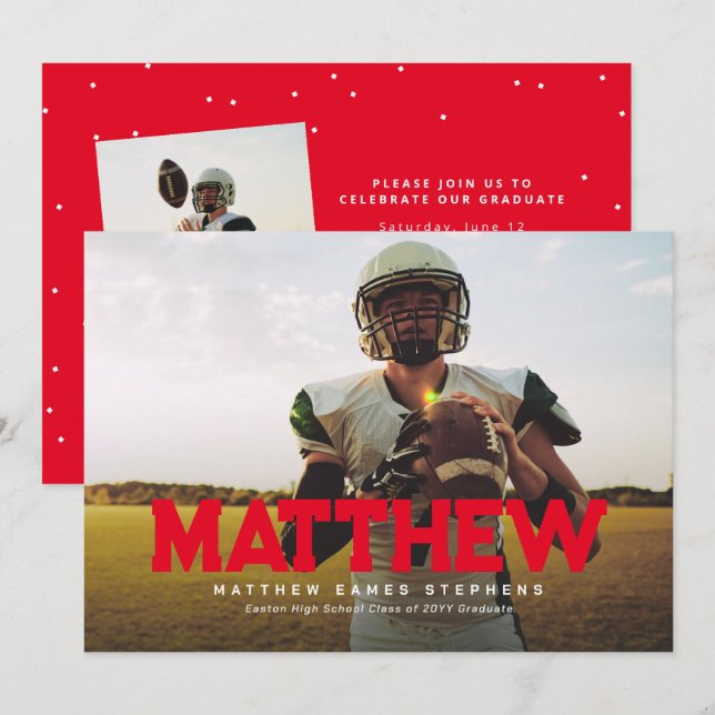 Bold name graduate athlete photo red graduation invitation (Front/Back)
