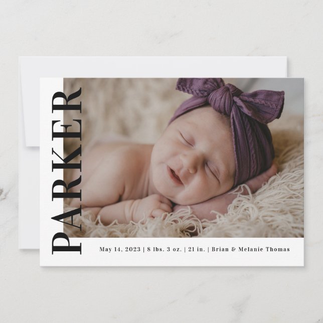 Bold Name Headline Photo Birth Announcement Card (Front)