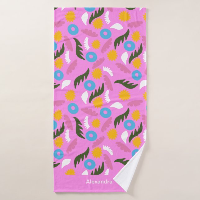 Bold name monogram pink floral abstract pattern bath towel (Bath Towel)