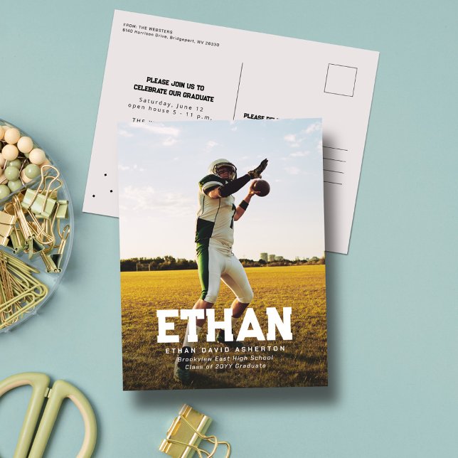 Bold name one photo sporty graduation invitation postcard (Creator Uploaded)