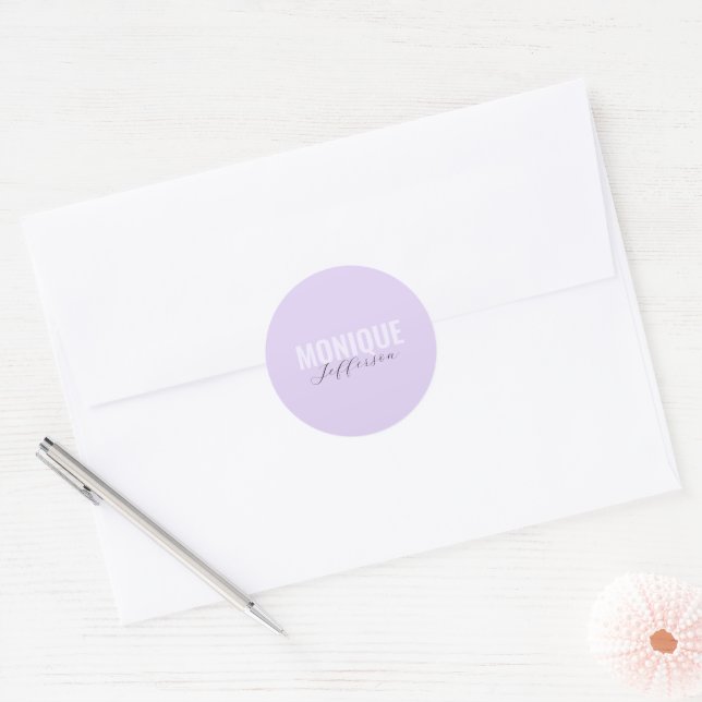 Bold Name Script Modern Lilac Lavender Monogram Classic Round Sticker (Envelope)