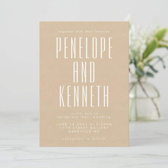 Bold Names Retro Typography Beige Kraft Wedding Invitation (Standing Front)
