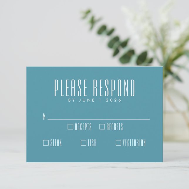 Bold Names Retro Typography Colourful Teal Wedding RSVP Card (Standing Front)