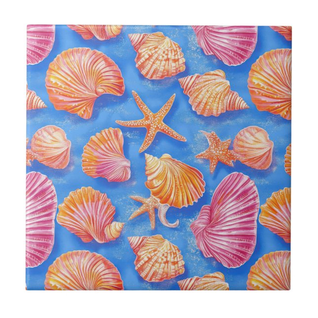 Bold Nautical Shell Starfish Orange Magenta Blue Tile (Front)