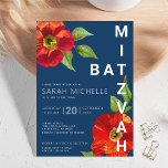 Bold Navy Bat Mitzvah Red Floral Watercolor Modern Invitation<br><div class="desc">Be proud, rejoice and showcase this milestone of your favourite Bat Mitzvah with this sophisticated, personalized invitation! A chic, stunning, red floral watercolor with modern san serif type overlays a navy blue background. Personalize the custom text with your Bat Mitzvah’s name, date, and venue information. Guaranteed to add stylish fun...</div>