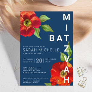 Bold Navy Bat Mitzvah Red Floral Watercolor Modern Invitation