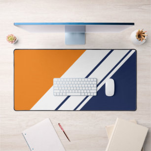 Bold Navy Blue Bright Orange White Racing Stripes Desk Mat